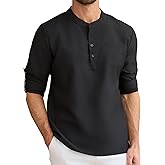 Snullo Mens Henley Shirts Long Sleeve Dress Shirt Business Work Office Shirt Summer Beach Cocktail T-Shirts with Pocket