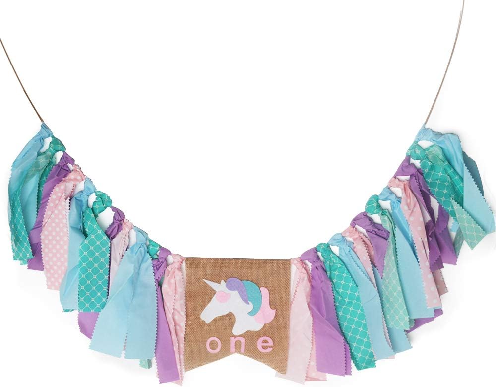 Dreamy Photo Backdrop for First Birthday Baby，Unicorn “One” Birthday Highchair Decoration, Colorful Ribbons Garland, Girl's Boy’s First Birthday Party Decorations