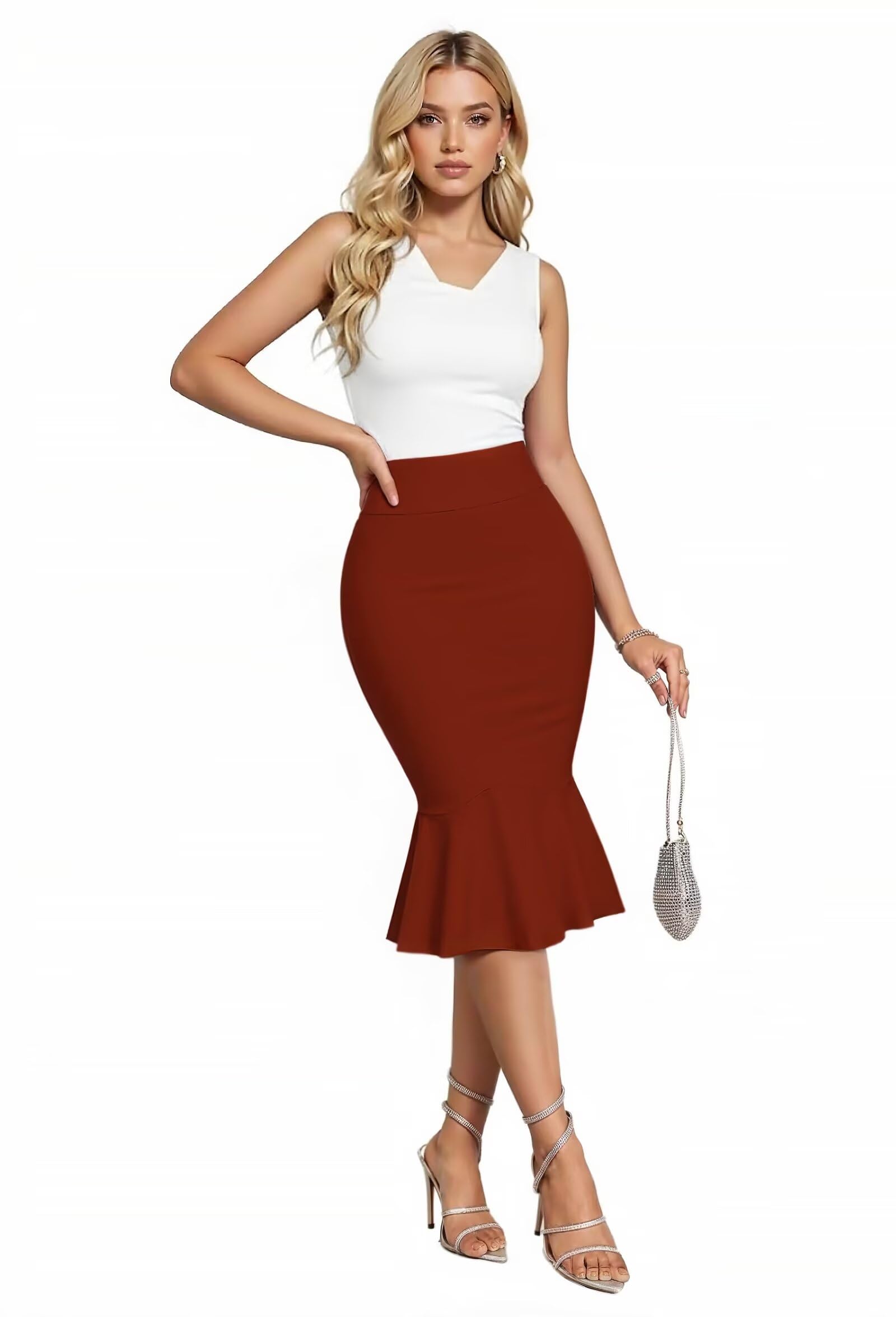 Photo 1 of & Company Womens Premium Nylon Ponte Stretch Office Fishtail Pencil Skirt KSK45010 1073T Rust XL