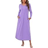 Marvmys Womens Cotton Long Sleeve Nightgowns Soft Ladies Sleep Shirts V Neck Full Length Night Shirts Sleepwear with Pockets