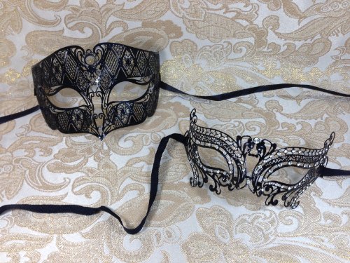 His & Hers Masquerade Couples Venetian Design Masks - 2 Piece Black Colored Set Metal Mask - Perfect Lover Swan Couple Mardi Gras Queen Party Halloween Ball Prom by BK