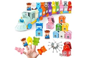 KIMICARE Learning Montessori Toys for Toddlers 1 2 3 Years Old, Sensory Farm Animals Train Toys with 10 Finger Puppets 1 Farmer, Counting Matching Sorting Barns with Keys, Educational Gift for Boys Girls