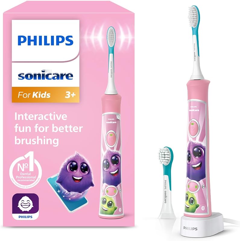 Sonicare for Kids, brosse à dents électrique sonique avec application, pour enfant à partir de 3 ans, avec SmarTimer et QuadPacer pour un nettoyage en profondeur, rose, modèle HX6352/42