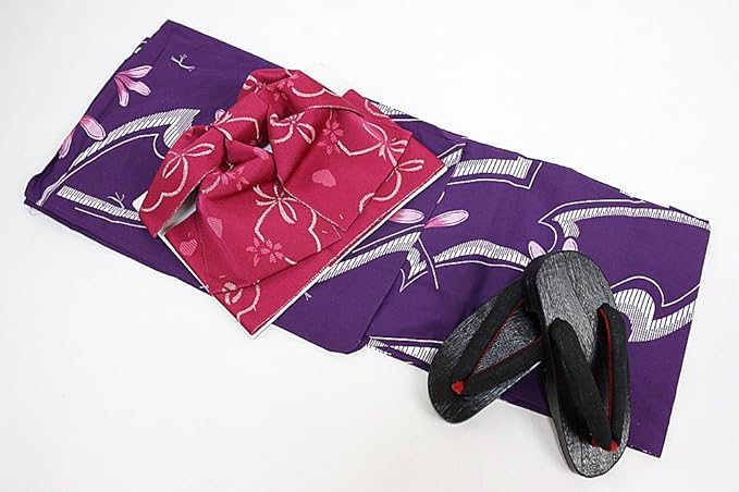 浴衣3点セット 浴衣 作り帯 下駄 選べる福袋 レディース 浴衣セット フリーサイズ 12 紫 白 ピンクセット 浴衣 通販 Amazon