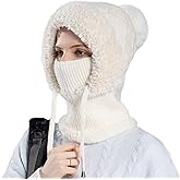 3 in 1 Beanie Hat for Women, Knitted Balaclava Hats with Scarf Attached, Windproof One Size Winter Hats