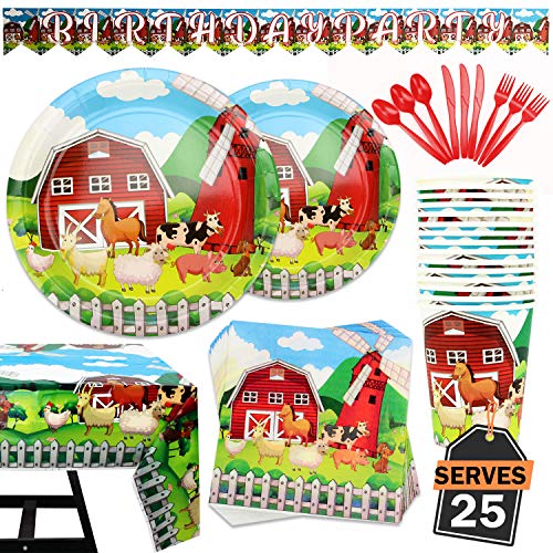 177 Piece Farm Animal Party Supplies Set Including Banner, Plates, Cups, Napkins, Tablecloth, Spoon, Forks, and Knives, Serves 25