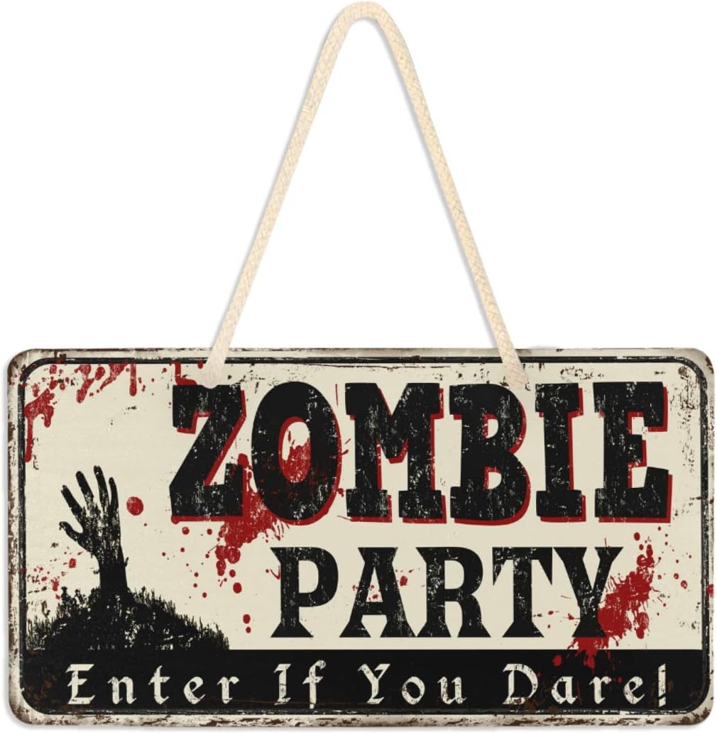 Exnundod Zombie Party Wall Hanging Pediment Door Sign Vintage Rusty Plaque Porch Decor Light Weight 6"x11" for Home Yard Office Shop Cafe Restaurant