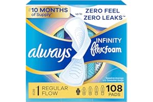 Always Infinity Feminine Pads for Women, Flexfoam Pads with Wings, Size 1, Regular Absorbency, Unscented, 108 Count (3 Packs of 36)