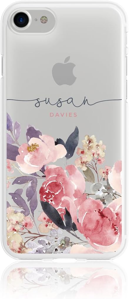 Tirita Personalised Iphone 7 Plus & 8 Plus Floral Watercolour Gold Flowers Spring Monogram Printed Glitter Silicone Clear Soft TPU Rubber Gel Phone Case Custom Initials