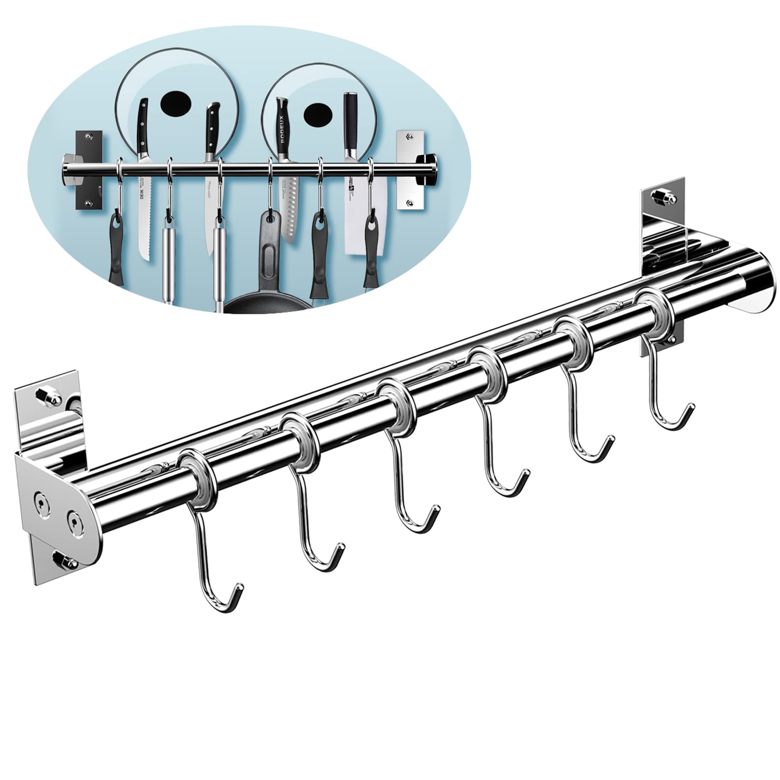 Kitchen Pot Rack, EINFAGOOD® Kitchen Hooks Rack 6 Hooks with Knife Holder and Pot Lid Rack，Stainless Steel Double Pipe Loadable over 22 lb 15.75” Long (Polished Finish)