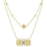 Layered Gold Rectangle Tag Pendant Necklace for Women 14K Gold Plated Cross Love Heart Butterfly Evil Eye Hamsa Hand Necklace with Cute Cubic Zirconia Symbol Charm Adjustable Trendy Jewelry Gift