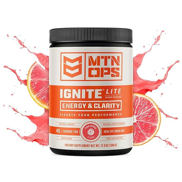 MTN OPS IGNITE LITE ENERGY DRINK POWDER GLUTEN FREE NITRIC OXIDE SUPPLEMENT DRINK MIX, L ARGININE, L CITRULLINE, CAFFEINE & NOOTROPIC SUGAR FREE DRINK MIX, 45 SERVINGS, PINK CITRUS