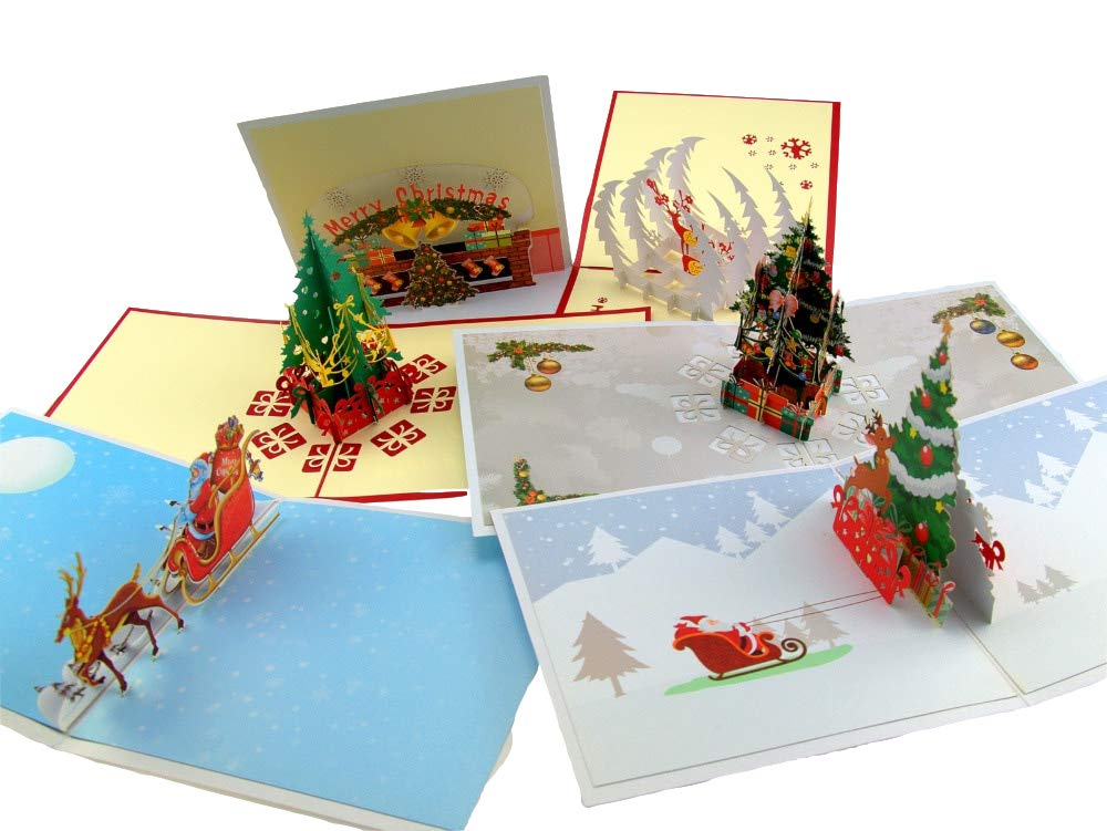 Pop Up Christmas Cards 3D (Pack of 5),Handmade Boxed Set of Assorted with Envelopes and Santa Claus Stickers for DIY
