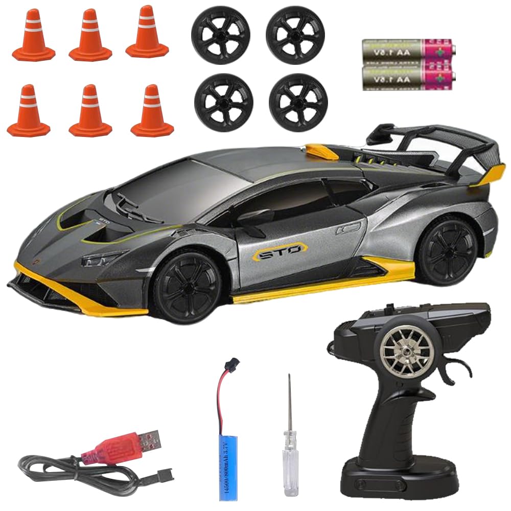 KBIBCK RC Drift Car 1:24, 2.4Ghz Remote Control Car with Cool Lighting, 30km/h High Speed 4WD Racing RC Drifting Cars, Rechargeable Mini RCDrift Cars Gifts for Kids Adults for Drift and Race (Grey)