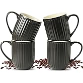 HASENSE Coffee Mugs Set of 4, 16 Oz Large Ceramic Ribbed Latte Cups with Big Handle for Coffee, Tea and Cocoa, Modern Design & Light Weight, Microwave & Dishwasher Safe, Black