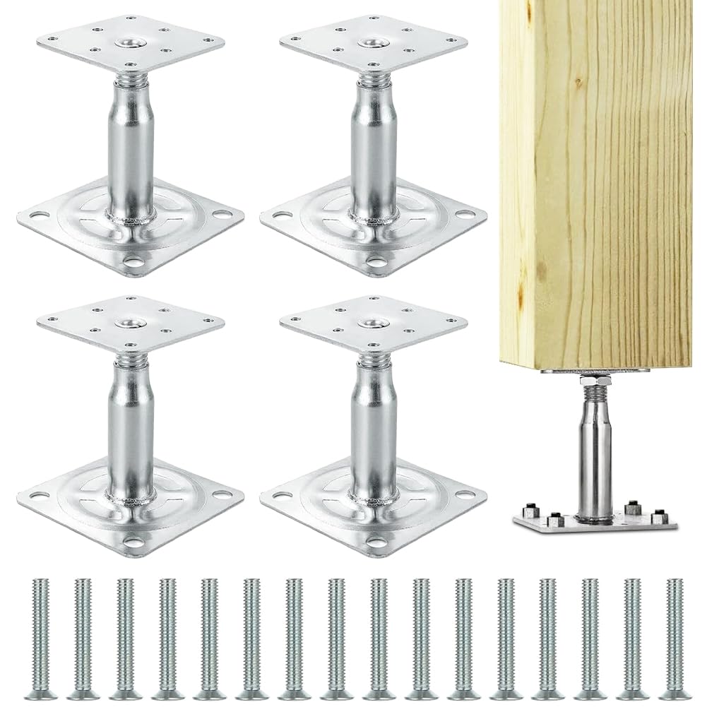 Set of 4 Post Brackets Height-Adjustable, for Screwing on, Galvanised, Thick Layer Passivated, Galvanised 100-150 mm Post Support with 16 Screws
