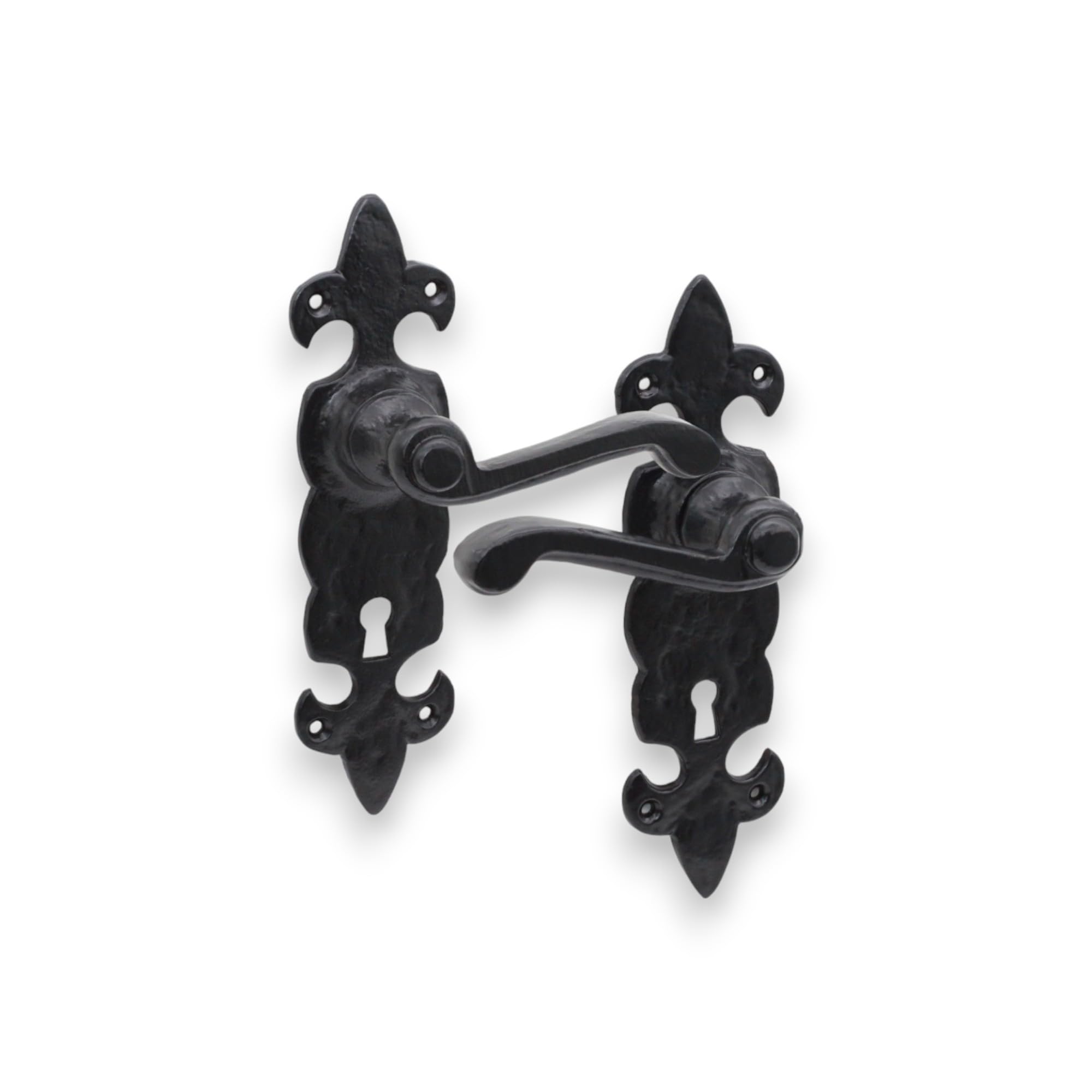 Infinity Decor Antique Black Fleur De LYS Pattern Lever Door Handle Set Cast Iron Key Lock Rustic Handle Pair