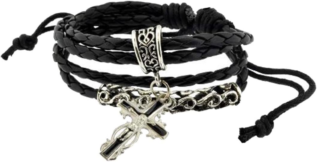 Mandala Crafts Horizontal Christian Cross Charm Leather Bracelet