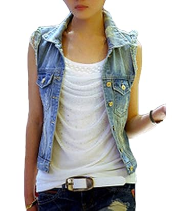Runyue Damen Ärmellose Zerrissene Gewaschen Jeans Weste Fit Beiläufige Cowboy Denim Jacke Weste Jeansweste