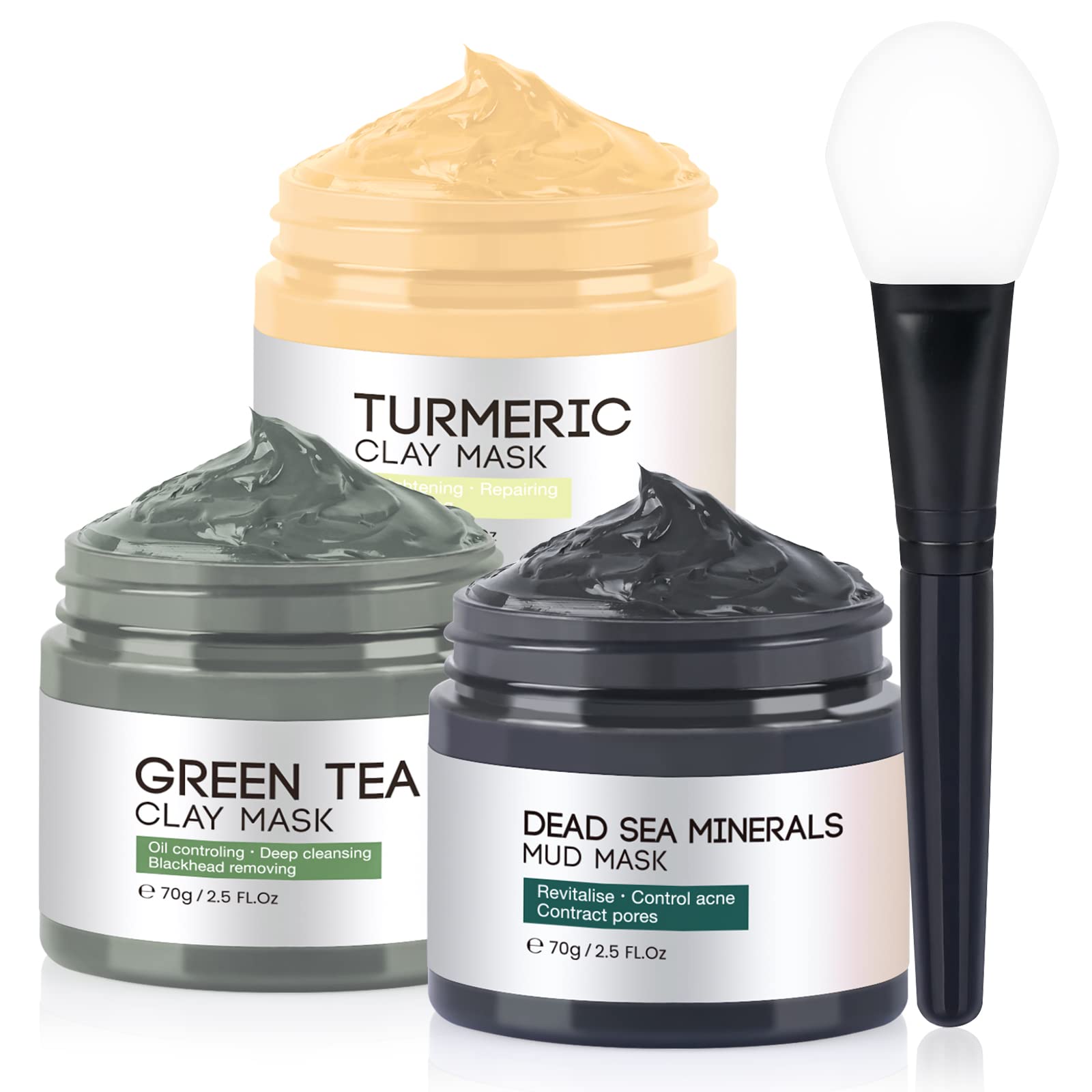 Clay Mask, Face Masks Skincare, Turmeric, Dead Sea Mud, Green Tea Face Mask, Facial Mask Set for Deeply Cleansing, Pores, Acne, and Oil Control - 3x70g