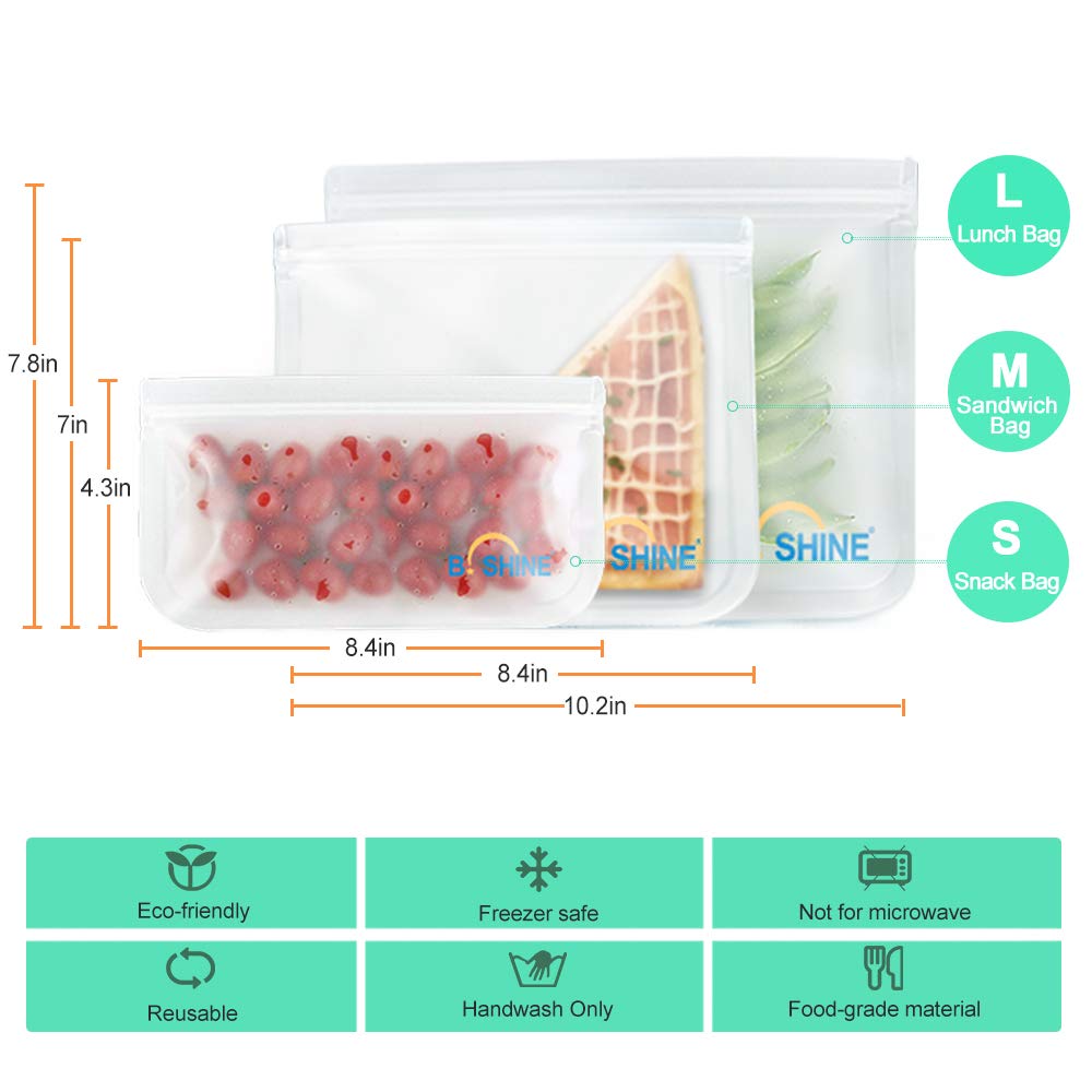 B.SHINE Reusable Storage Bags - 9 Pack Ziplock Sandwich Bag, Snack Bag, Lunch Bag with Matching Sealing Clip, Leakproof (9 Pack - 6 Sandwich Bags + 3 Snack Bags - Clear)