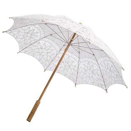 Lace Umbrella Handmade Wood Handle Parasol Wedding Bridal Umbrella for Wedding Photography Props Party Decoration (White)
