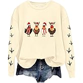 BCDlily Women Christmas Sweatshirts Chicken Graphic Crew Neck Pullover Cute Xmas Hat Shirts Thanksgiving Holiday Tops