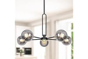 YOLSUNES 5-Light Globe Chandelier Pendant Lighting - Modern Large Semi-Flush Ceiling Light Fixture with Smoked Glass, Black Dining Room Light Fixture, Sputnik Light Fixture for Kitchen Living Room Bedroom