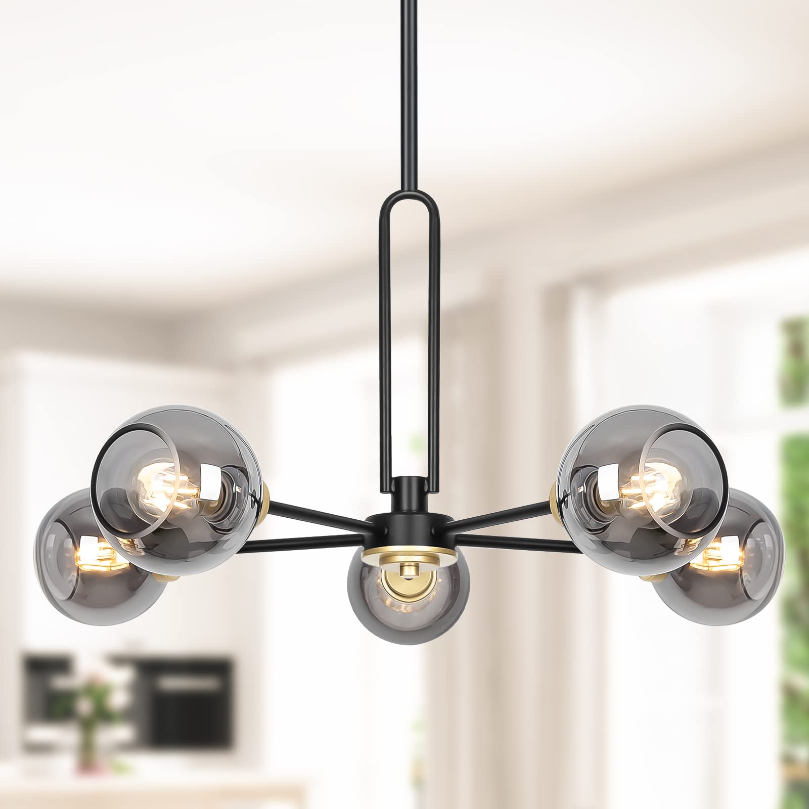 Photo 1 of 5-Light Globe Chandelier Pendant Lighting - Modern Large Semi-Flush Ceiling Light Fixture with Smoked Glass, Black Dining Room Light Fixture, Sputnik Light Fixture for Kitchen Living Room Bedroom