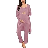 SWOMOG Maternity Nursing Robe Set 3 PCS Postpartum Pajamas Breastfeeding Pregnancy Robe & Camisole & Pants