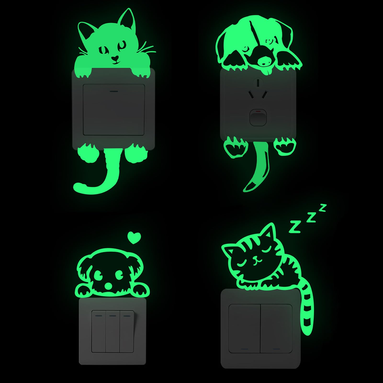 WUDQIJI Light Sticker Pack of 4 Glow in the Dark Cat Dog Switch Stickers for Wall, Vinyl PVC Material, Green Animal Print, Playful Whimsical Style