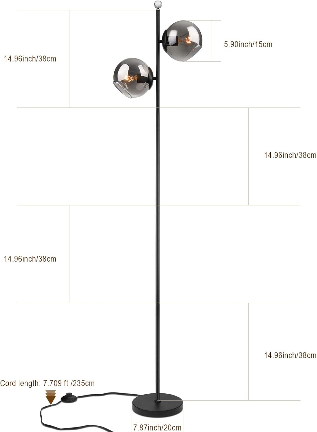SILMOIRAN Contemporary Industrial 2 Globe Floor Lamp, Plug-in Cord with On-Off Switch, Modern Indoor Pole Light for Bedroom, Living Room, Study Room or Offices (Black Finish and Smoke Gray Glass Shade) - - 