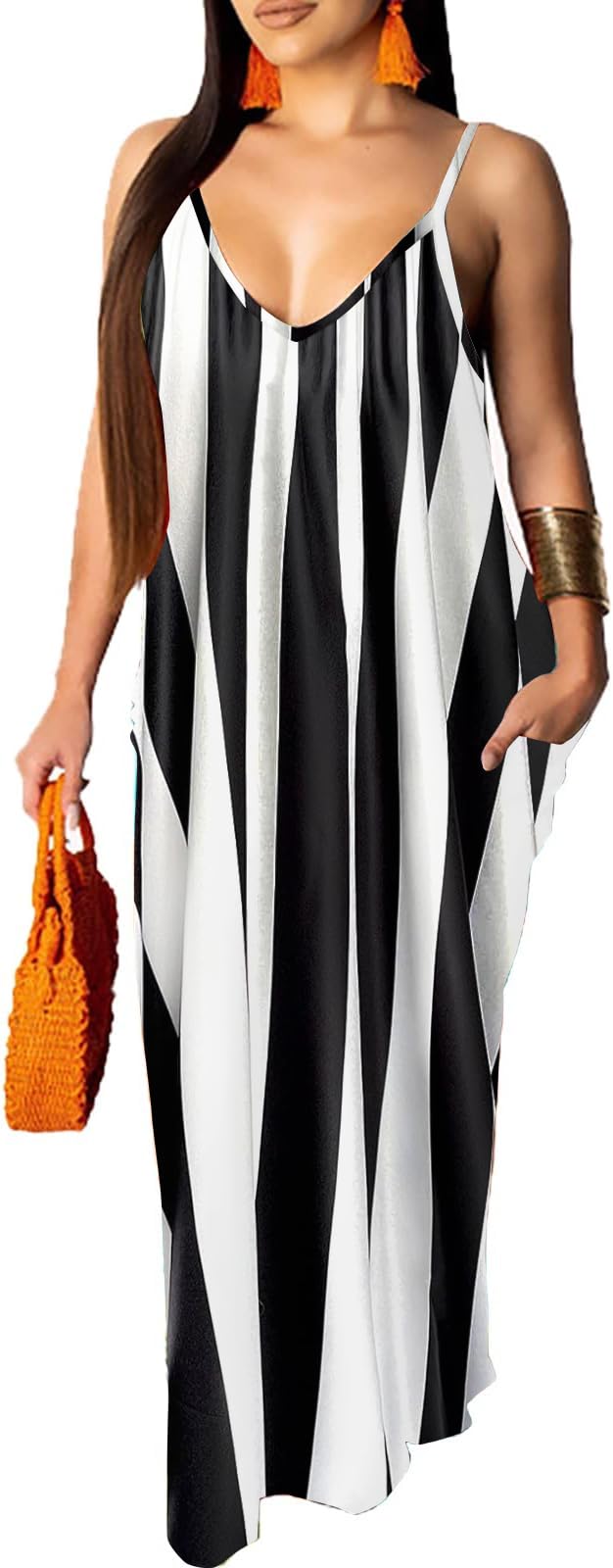 Photo 1 of HipGlamp Womens Comfortable Casual Spaghetti Straps Deep V - Neck Backless Vacation Style Maxi Dress with Side Pockets and Black and White Stripes -2 X-Large