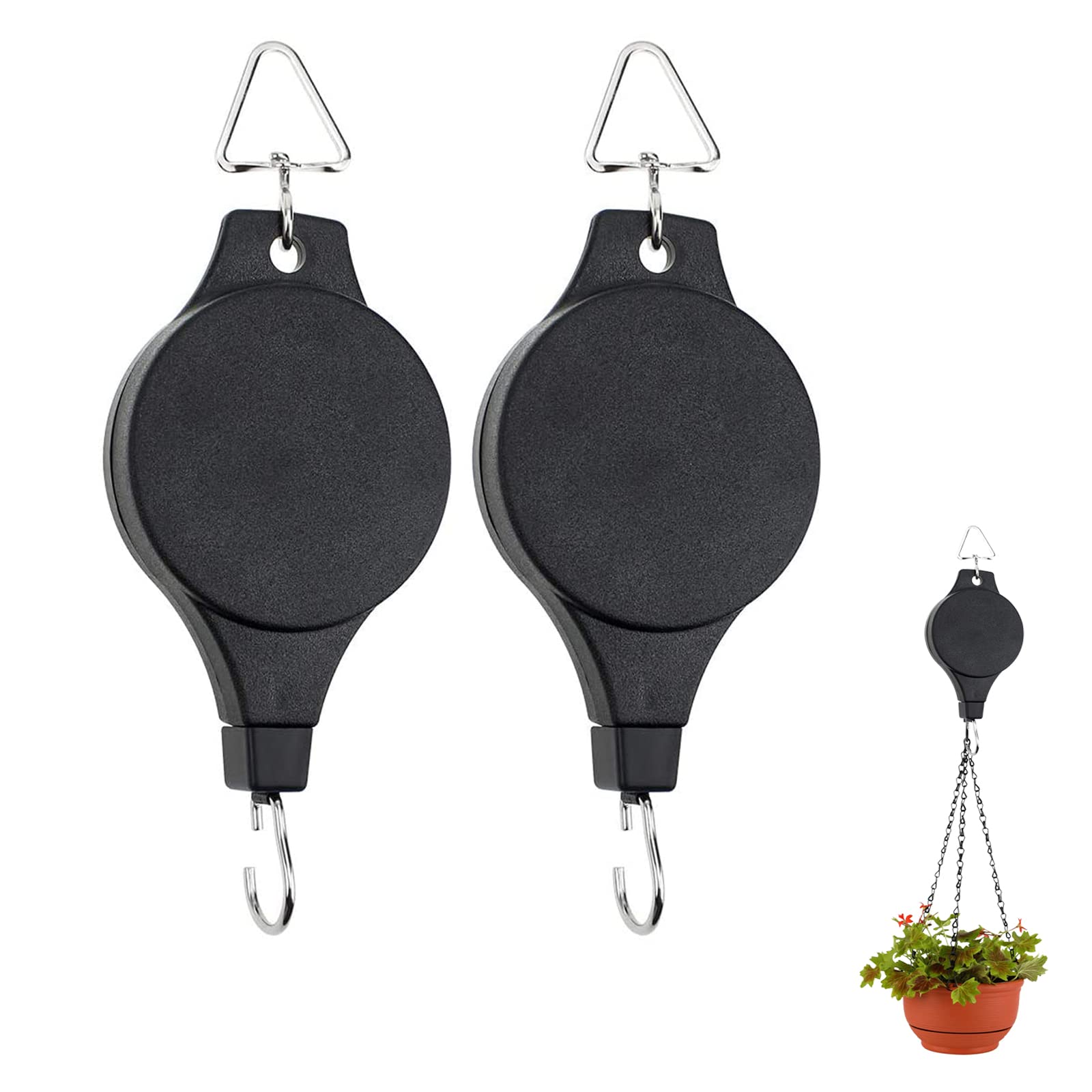 Hanging Basket Pulley, Plant Hook Pulley Easy Reach Hanging Flower Retractable Plant Hanger Basket for Garden Hanging Baskets Pots Birds Feeder 2PCS Black
