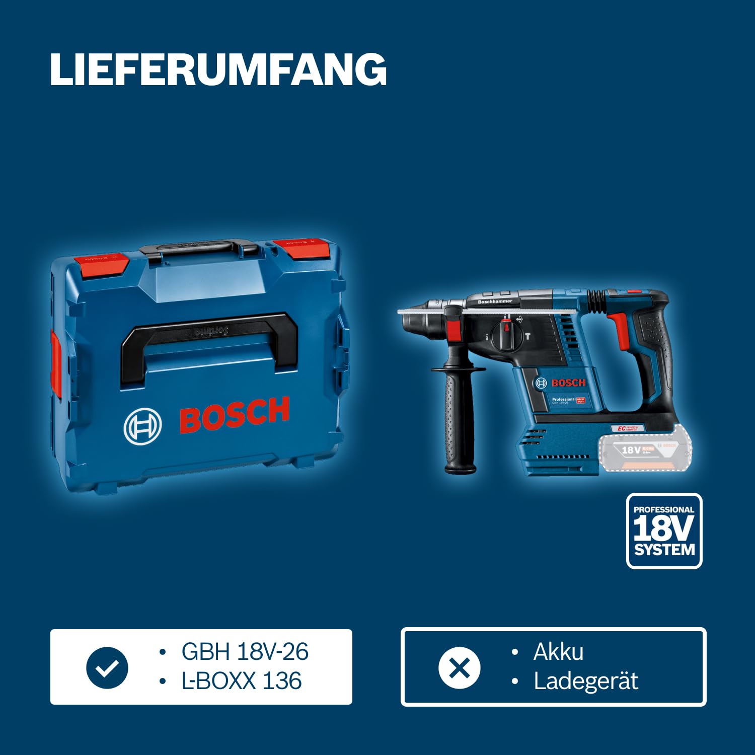 Bosch Professional 18V System Akku Bohrhammer GBH 18V-26 (SDS Plus, Bohr-Ø max: Beton/Stahl/Holz 26/13/30mm, inkl. Zusatzhandgriff, Tiefenanschlag 210mm, Maschinentuch, L-BOXX, ohne Akku/Ladegerät) 7