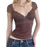 Women Y2k Lace Trim Crop Tops Fairy Grunge Short Sleeve Shirt Slim Fit Aesthetic Tshirt Tee Summer Vintage Streetwear