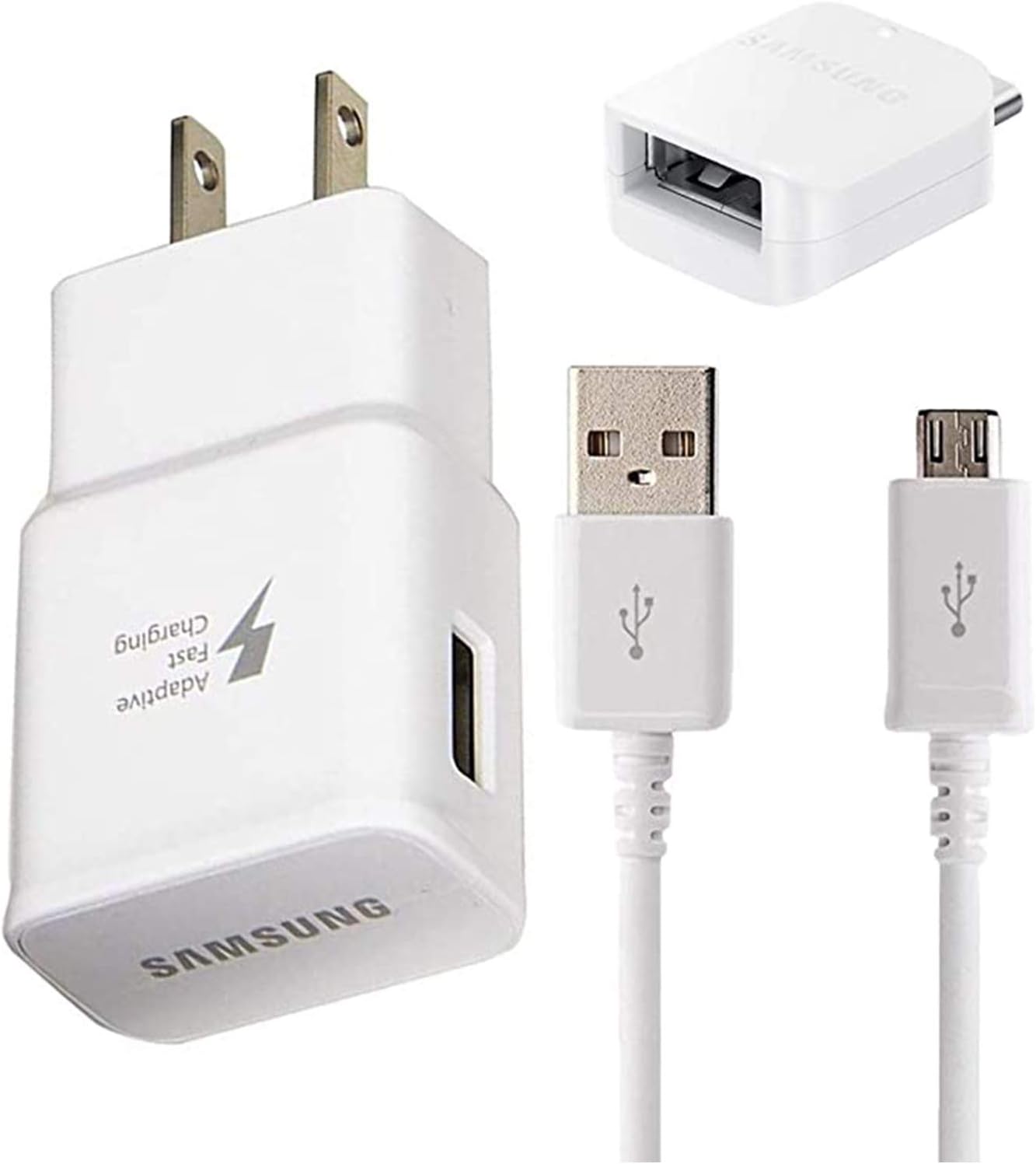 Adaptive Fast Wall Adapter Micro USB Charger for Samsung Galaxy S7 Edge S6 Note 5 4 J3 J5 J7 Prime Bundled with UrbanX Micro USB Cable Cord - 10ft and OTG Adapter - 3 Items - Fast Charging Kit - White