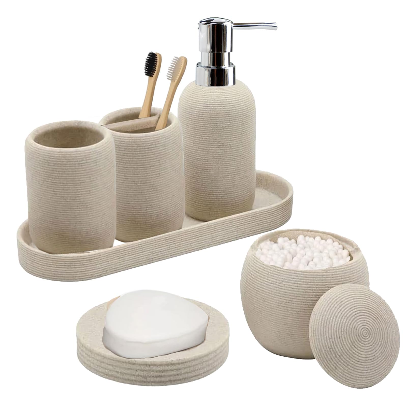 Photo 1 of Bathroom Accessory Set, 6PCS Beige Bathroom Accessories - Soap Dish, Lotion Dispenser, Toothbrush Holder, Mouthwash Cup, Tray, Cotton Ball Jar, Aesthetic Decor Bathroom Sets