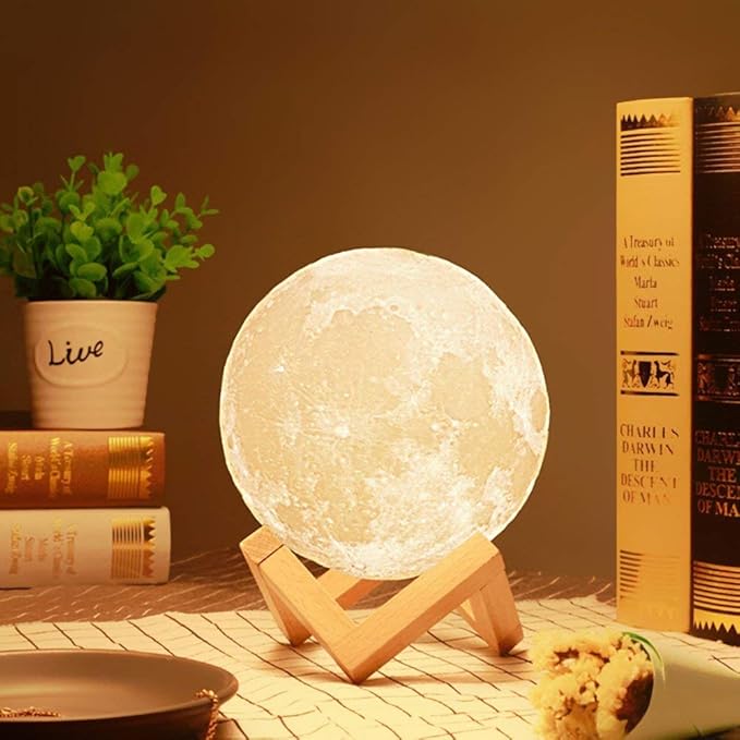 HOME CUBE 1 Pc 3D Printing LED Moon Light, Button Control, Ajustable Brightness, USB Recharge,Lunar Night Lamp with Stand for Bedrooms, Home Decor,Kid Bedroom (5.1 inch 3 Color)