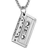 HZMAN Double Sided Stainless Steel Vintage Tape Necklace Hip Hop Pendant 22+2 Inch Box Chain
