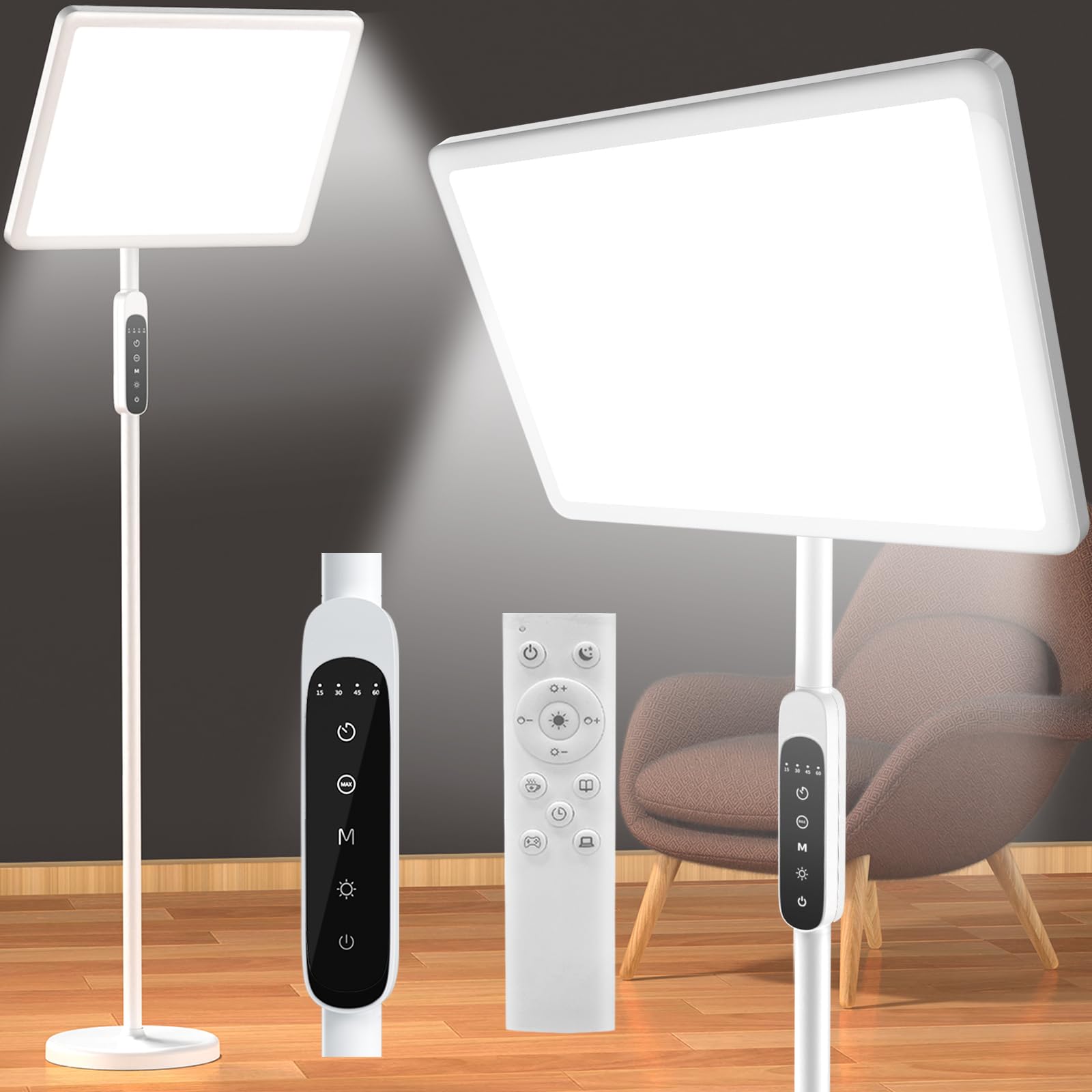 Photo 1 of 12,000 Lux Light Therapy Lamp, Full Spectrum Sunlight Lamp, UV-Free Sun Lamp with Remote Control/4 Color Temp/5 Brightness/4 Timer, 3 Height Adjustable Floor Lamp for Home Office, Living Room, Bedroom