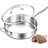 DELARLO Tri-Ply Stainless Steel Saute Pan With Lid 5.5QT,12.3Inch Deep Frying pan,Induction Large Skillet,Jumbo Cooker,Efficent Fast Even Heating Cooking Pan Dishwasher and Oven Safe