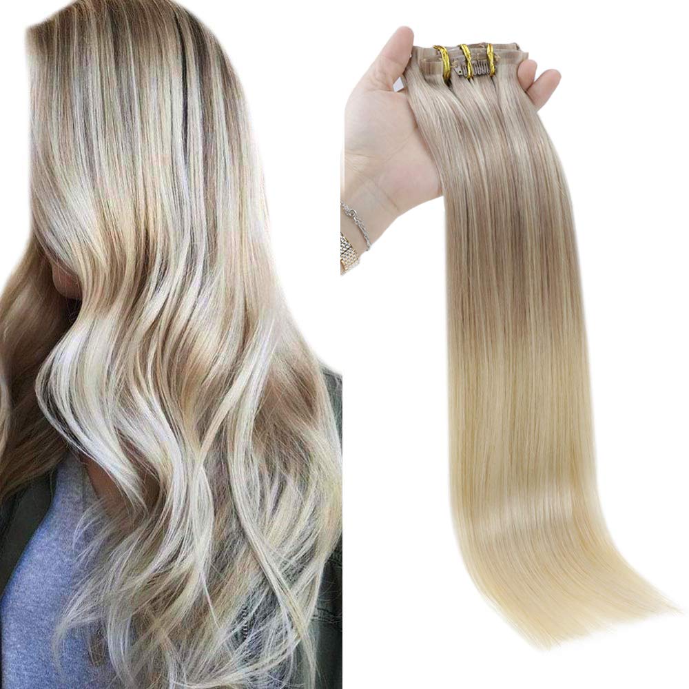 Full Shine 8 Pcs Clip In Remy Human Hair Invisible Clip Ins 100 Grams 16 Inch PU Tape Clip In Hair Balayage Color 18 Ash Blonde Fading To 22 and 60 Blonde Highlighted Seamless Clip In Hair Extensions