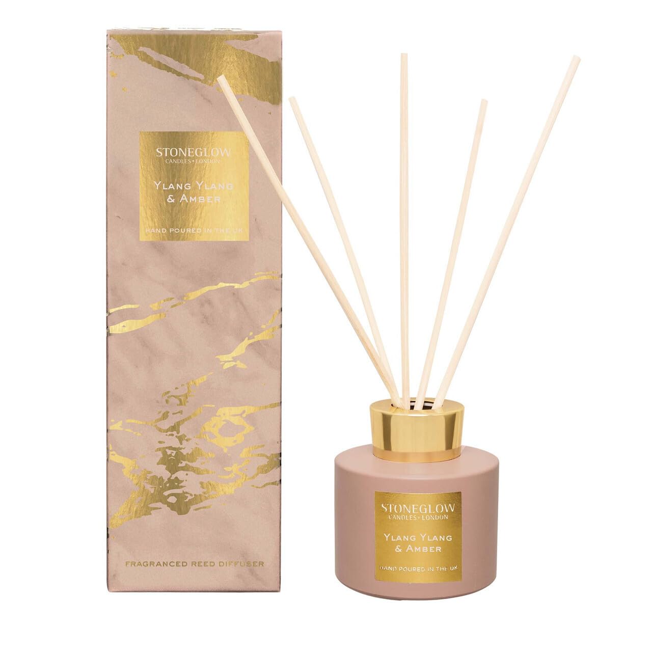 Stoneglow Luna Collection Ylang Ylang & Amber Scented Reed Diffuser 120ml – Ylang Ylang, Jasmine & Amber Fragrance, Lasts 10 Weeks, 12 Rattan Reed Diffuser Sticks, Refillable Air Freshener for Home