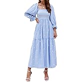 ABYOVRT Women Floral Embroidered Maxi Dress Long Puff Sleeve Square Neck Bohemian Flowy Dress with Pockets Summer Fall