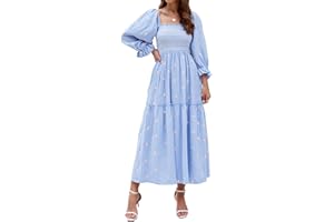 ABYOVRT Women Floral Embroidered Maxi Dress Long Puff Sleeve Square Neck Bohemian Flowy Dress with Pockets Smocked Fall Dress