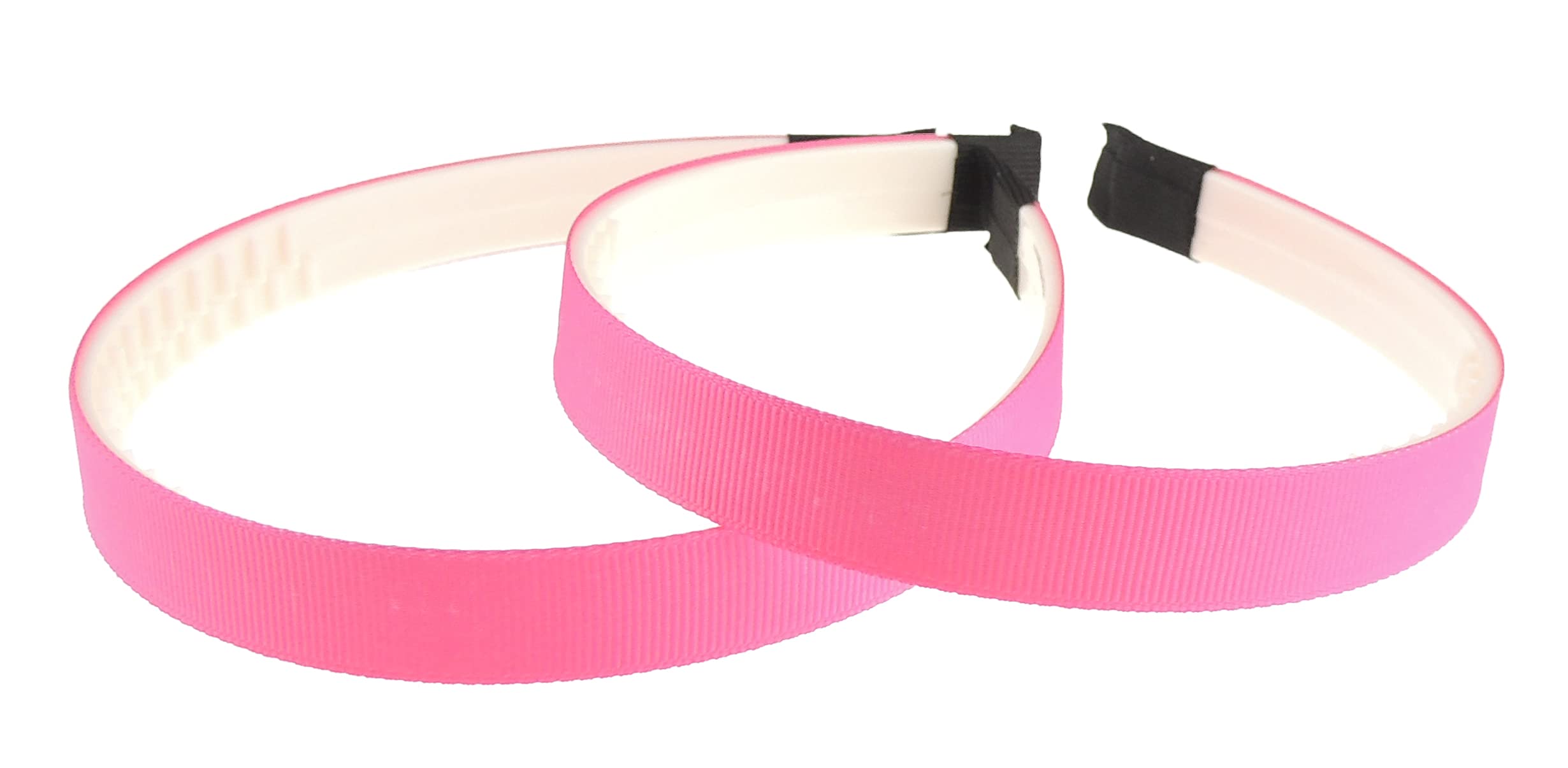 Ladies Girls Set of 2 Ribbed Satin Ribbon 15mm White Toothed Covered Headband Alice Band (Hot Pink White)