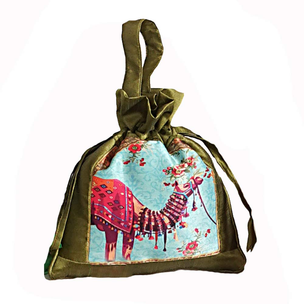 SwayamFaux Silk Draw String Bags, Dark Green, Gut14