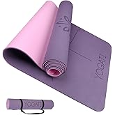 YOGATI® Yoga Mat with Strap with Alignment Lines. Home Workout Mat for Women, Men and Kids. Thick Non Slip Yoga Mat for Pilates and Fitness. Brown, Pink and Purple Yoga Mats