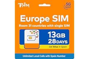 Europe SIM Card 50GB in Spain / 13GB in European Countries – Valid for 28 Days – Unlimited Local Calls and Text – Spain Phone
